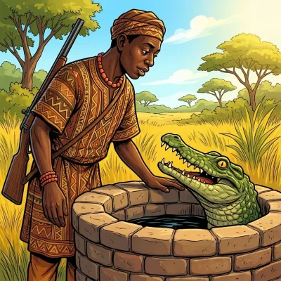 Le chasseur et la promesse du crocodile, conte, narré par Marguérite KOTY